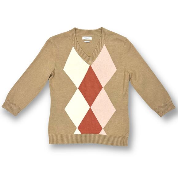 Van Heusen Vneck Argyle Diamond Lightweight Sweater Light Academia Tan Small - Picture 1 of 5